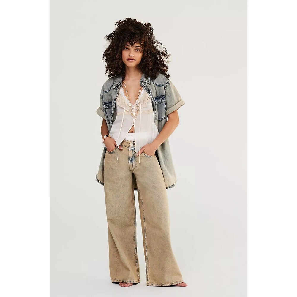 We The Free People Waterfalls Baggy Wide Leg Denim Jean 24 Bleach Blue Loose New